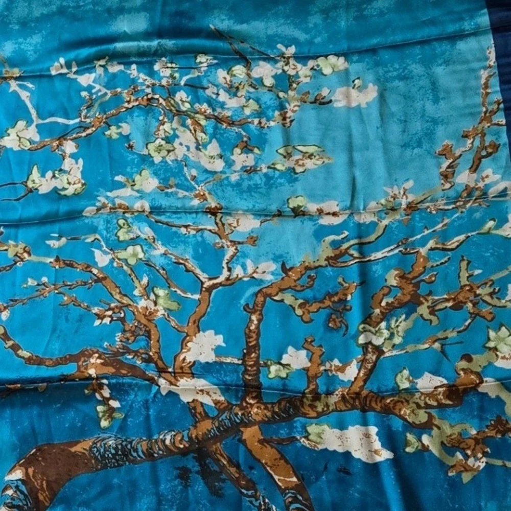 Van Gogh Almond Blossom Silk Scarf Blue Floral Art Wrap Luxury Gift